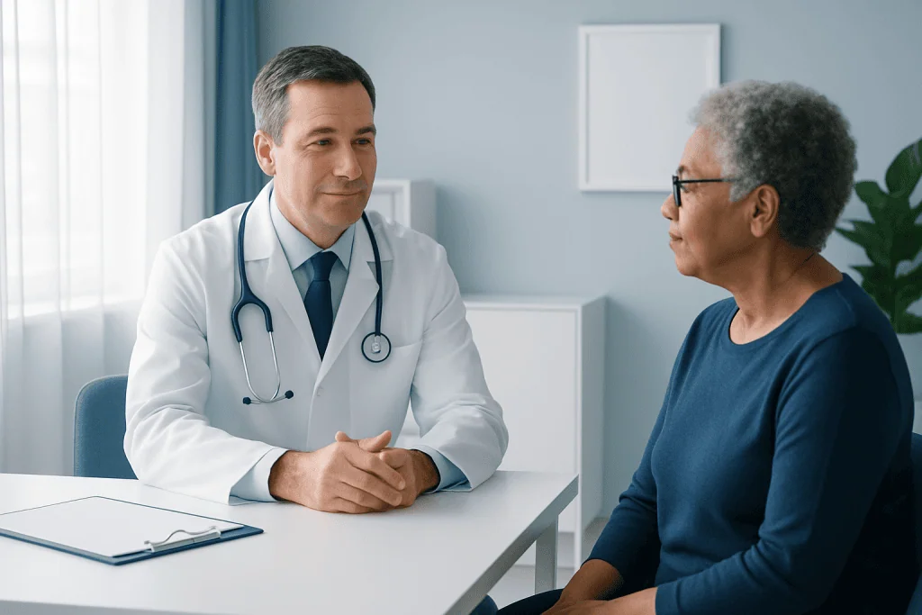 Doctor consulting with an elderly female patient in a modern clinic setting.