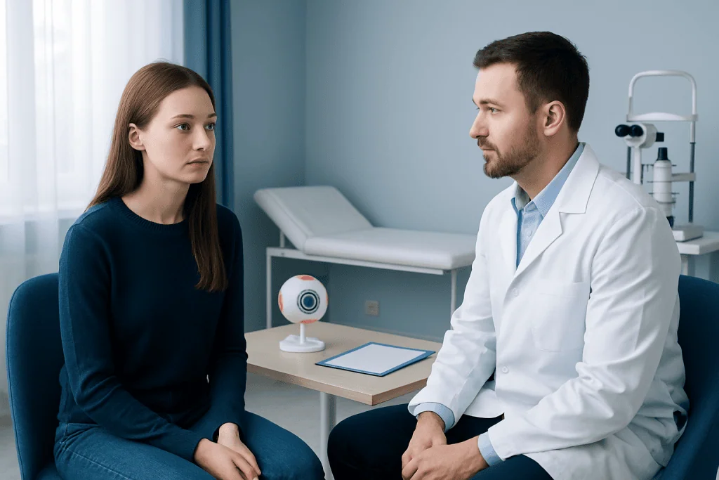 Doctor consulting with young woman in a medical examination room.