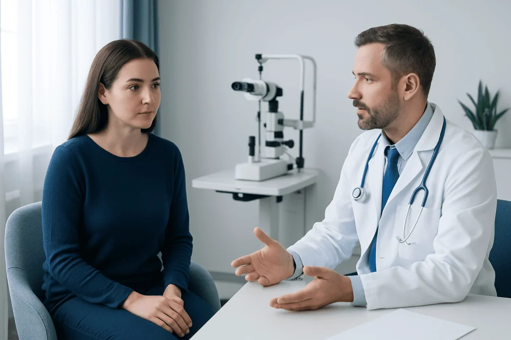 Doctor consulting with a female patient in a medical office.
