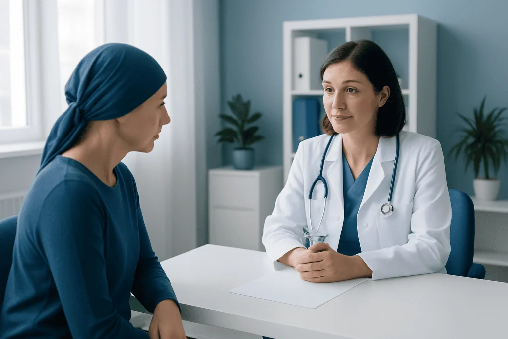 Doctor consulting with a patient in a modern hospital room.