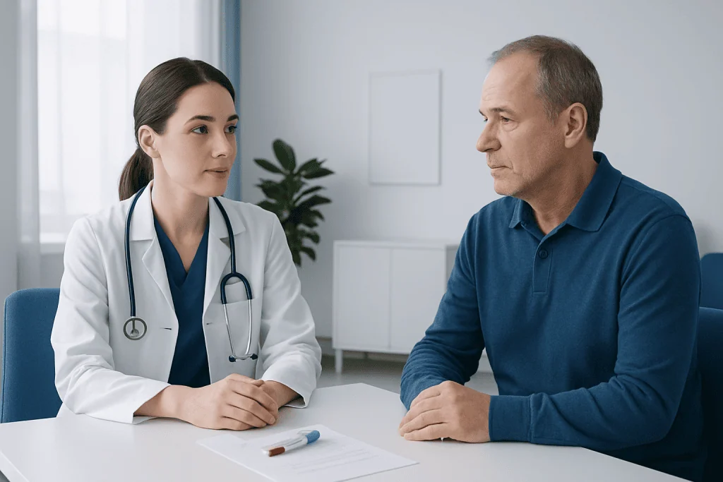 Doctor consulting with a male patient in a medical office.