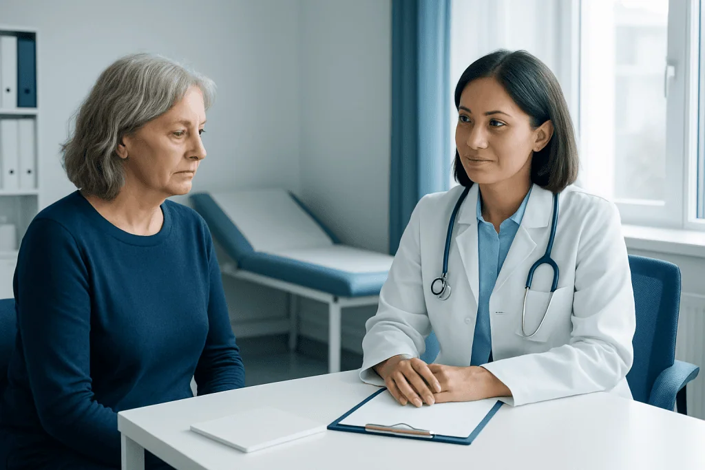 Doctor consulting with an elderly female patient in a hospital room.