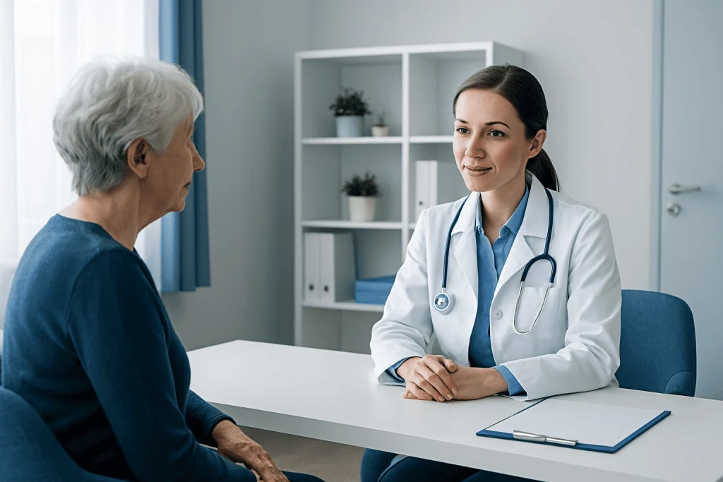 Doctor consulting with elderly patient in a medical office.