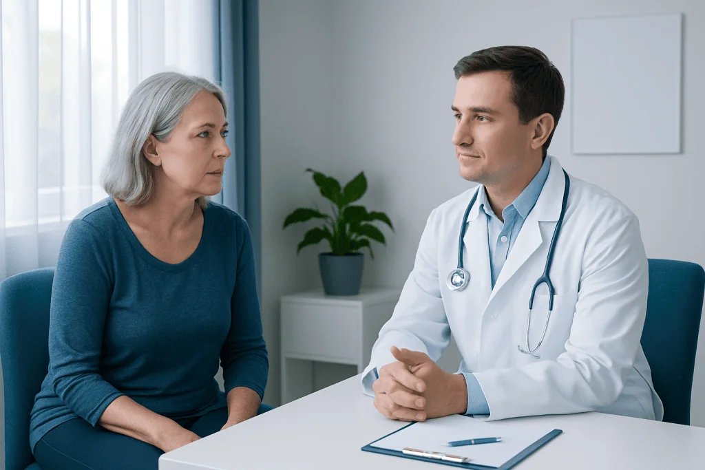 Doctor consulting with an elderly female patient in a modern clinic.