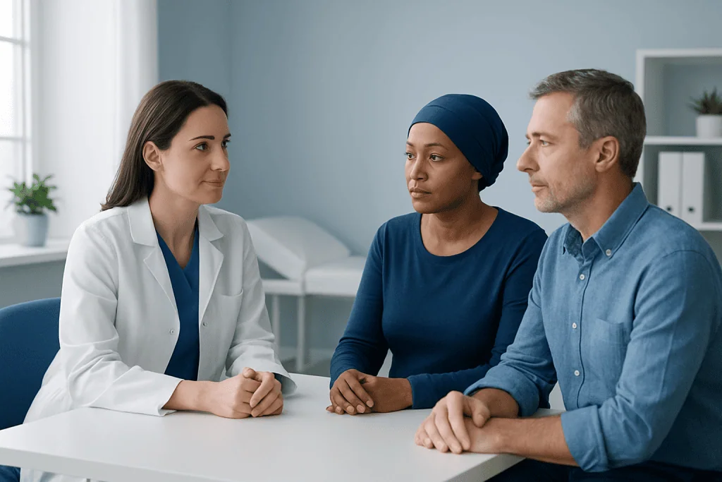 Doctor consulting with a patient and her companion in a medical office.