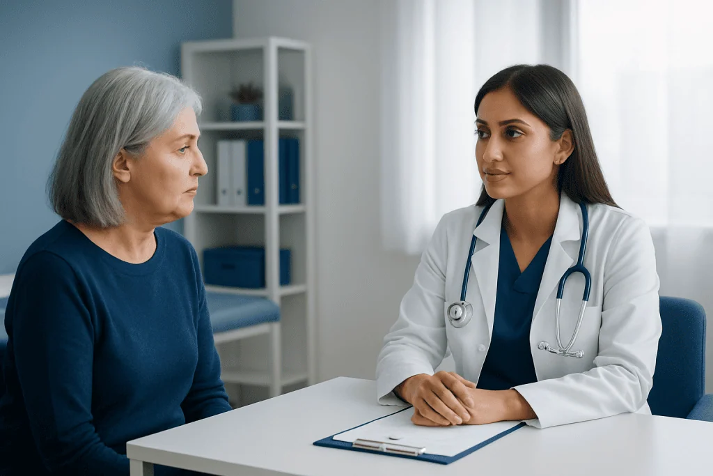 Doctor consulting with elderly woman in a medical office.