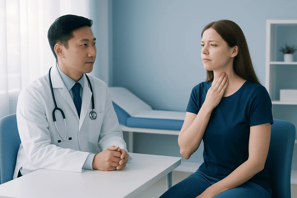 Doctor consulting with a woman patient about sore throat symptoms.