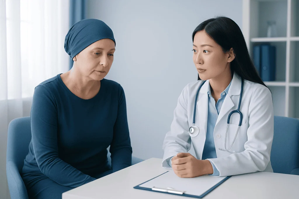 Oncologist consulting with a female patient in a medical office.