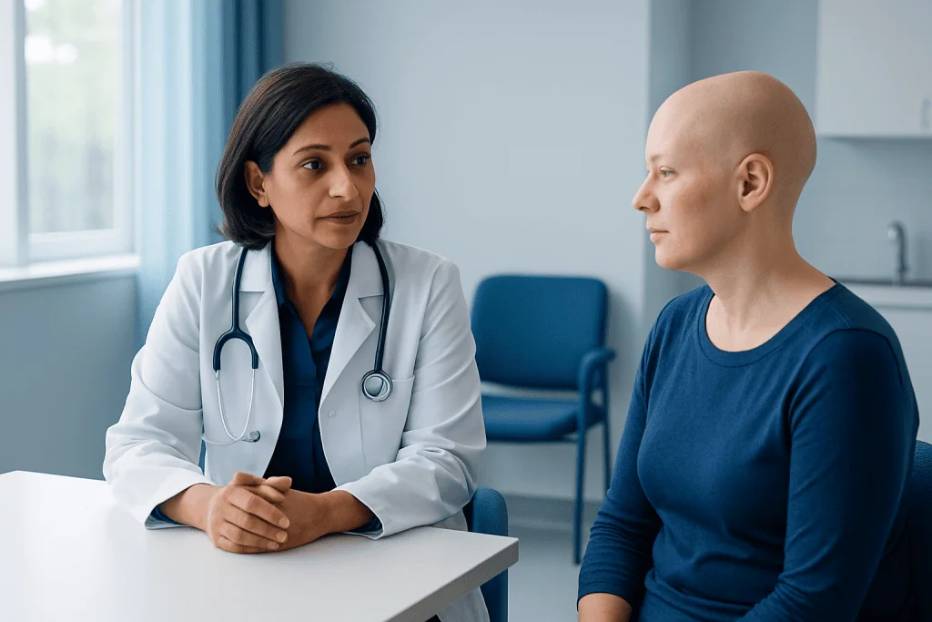 Doctor consulting with a patient in a hospital room.