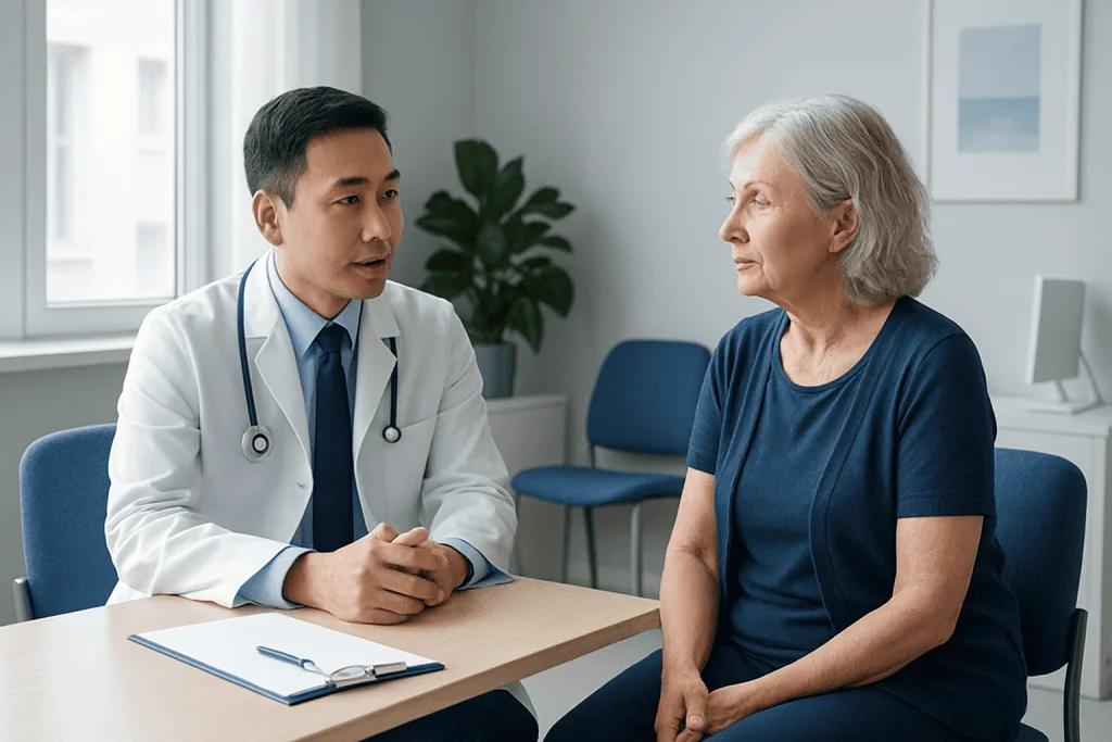 Doctor consulting with an elderly female patient in a medical office.