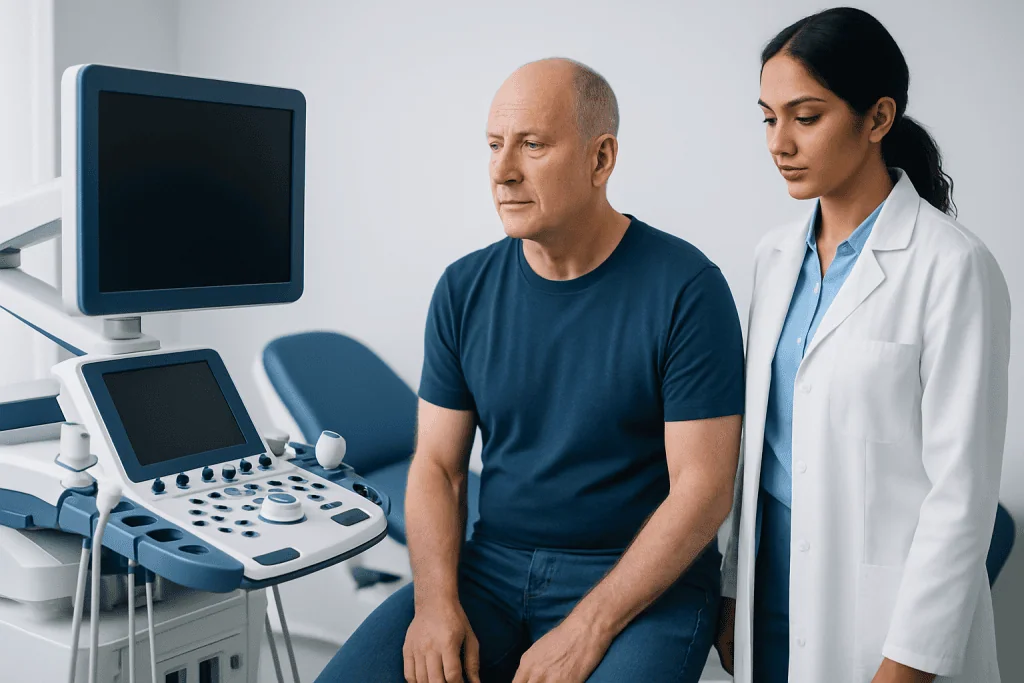 Doctor performing a digital rectal exam on a patient in a clinical setting.