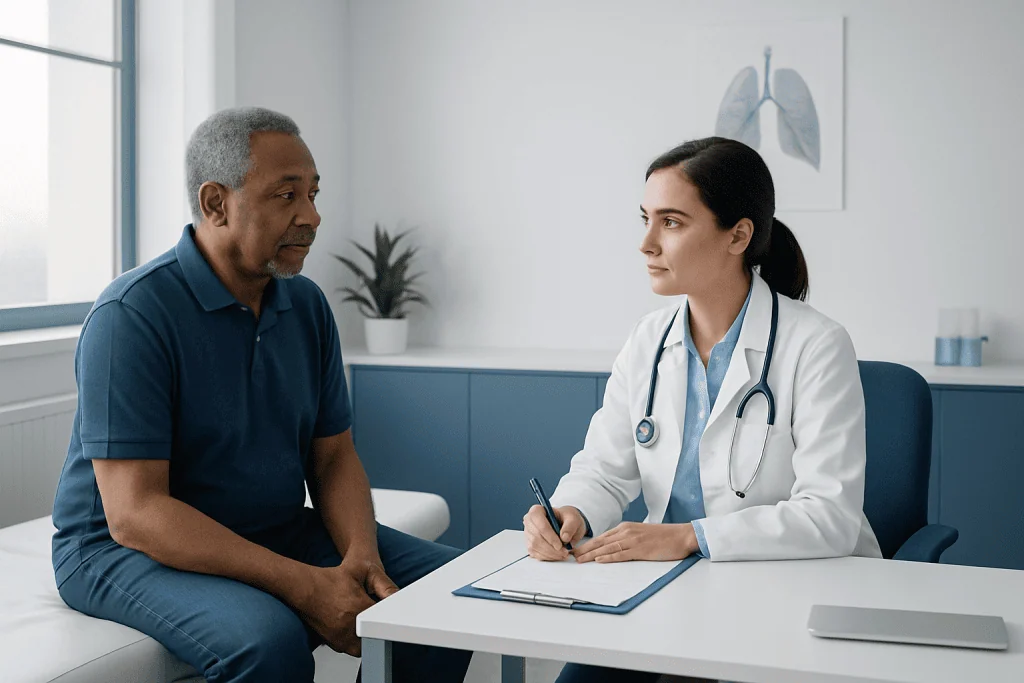 Doctor consulting with an elderly male patient in a modern hospital room.