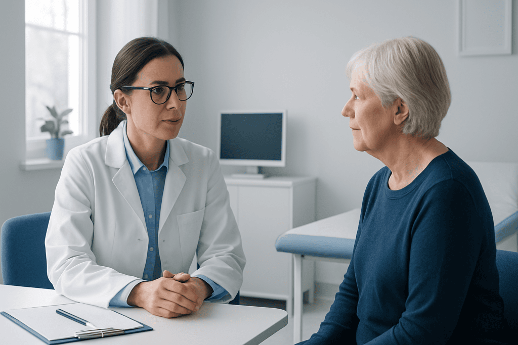 Doctor consulting with an elderly female patient in a modern clinic setting.