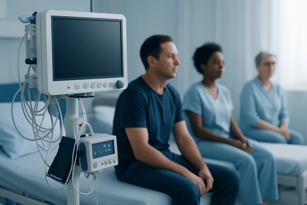 Patients in a hospital waiting area with medical monitors and equipment.