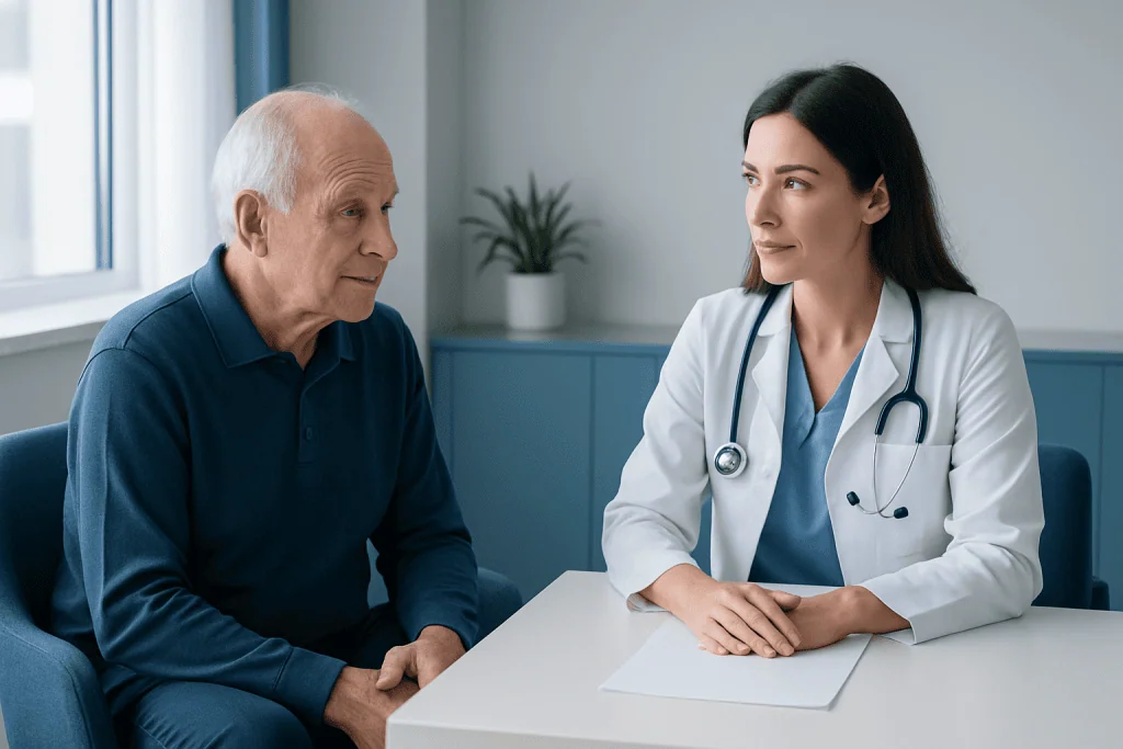 Doctor consulting with elderly male patient in a medical office.
