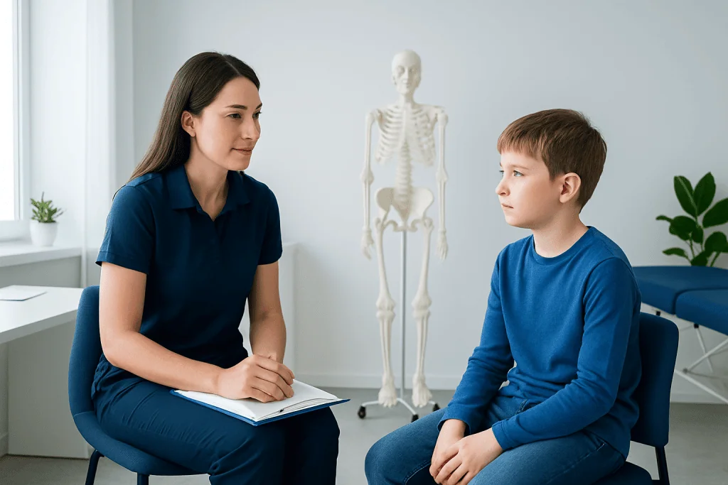 Child and therapist during a consultation in a medical office.