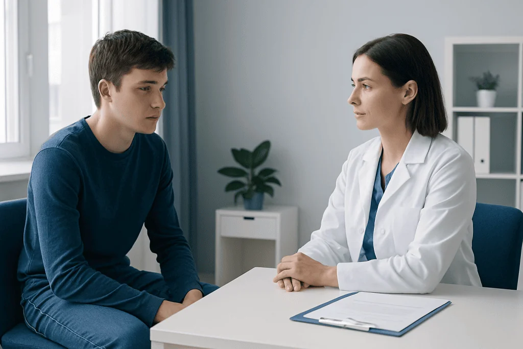 Doctor consulting with a young male patient in a modern clinic setting.