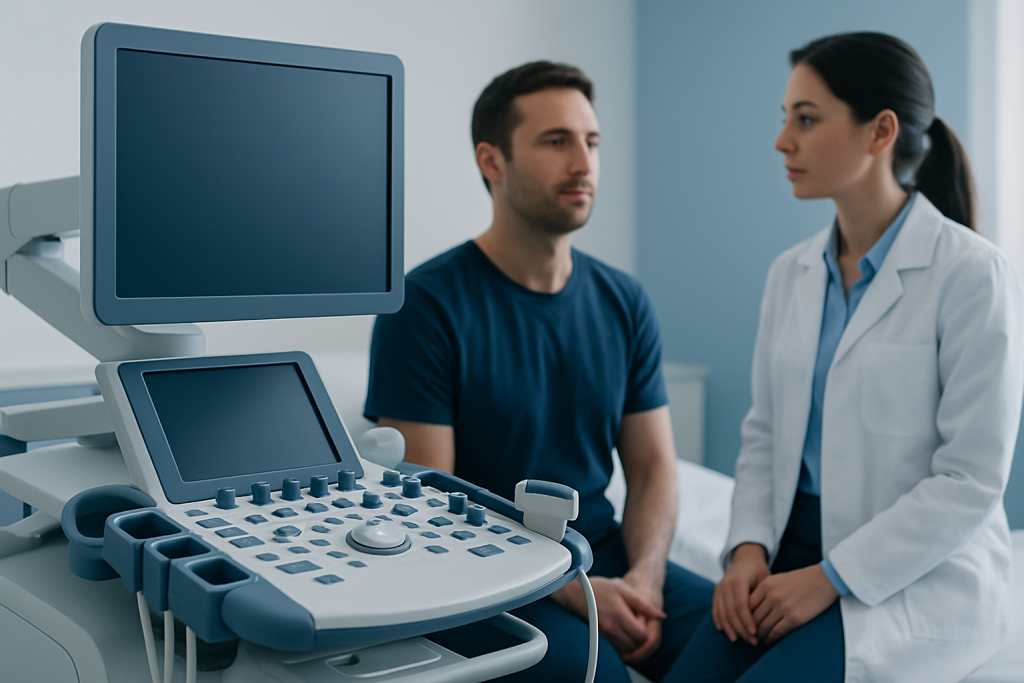 Doctor consulting patient in a hospital room with ultrasound equipment.