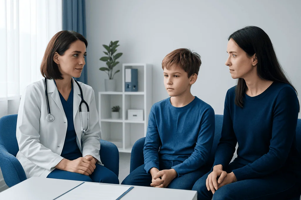 Doctor consulting with a young boy and his mother in a medical office.