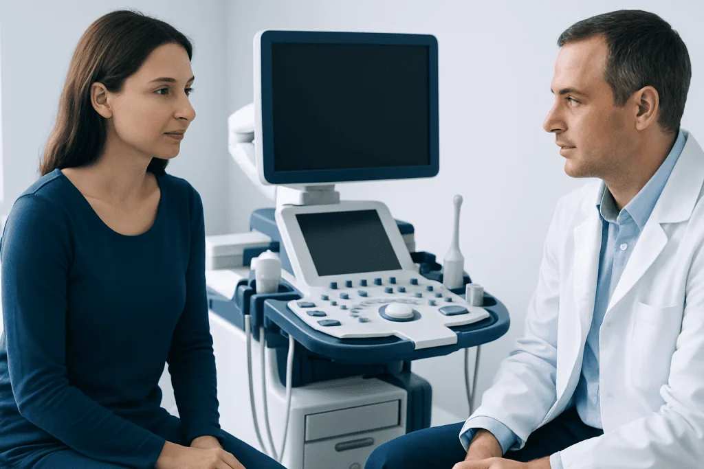Doctor consulting a patient in a medical examination room with ultrasound equipment.
