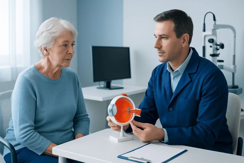 Ophthalmologist explaining eye model to elderly patient in clinic.