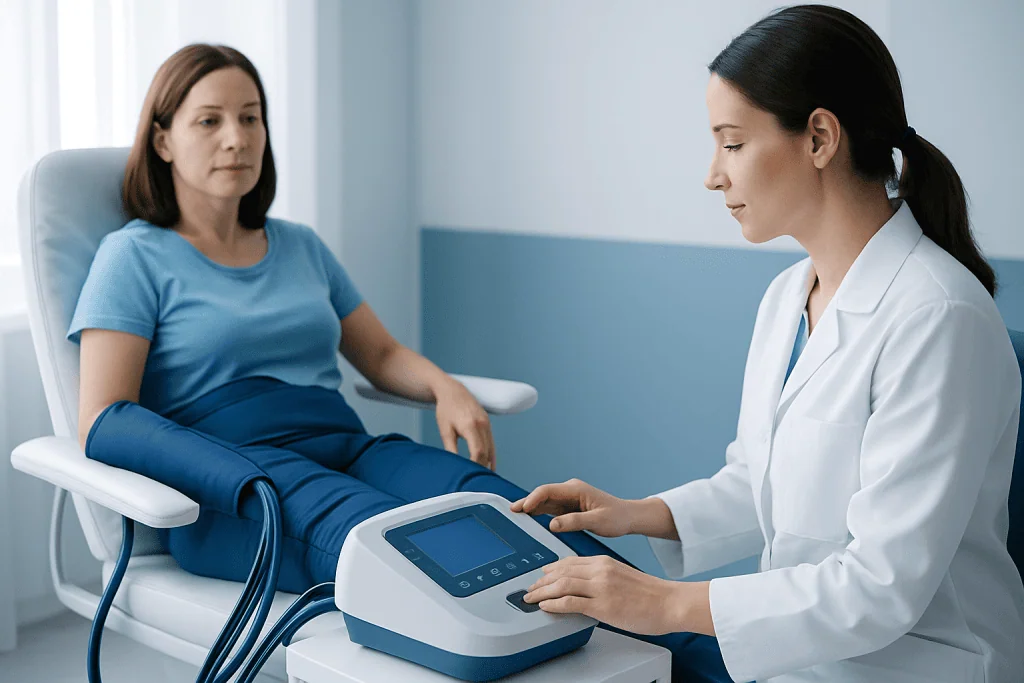 Medical professional performs lymphedema therapy on patient in clinic.