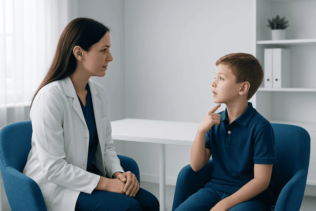 Child undergoing speech therapy with a healthcare professional in a clinic.