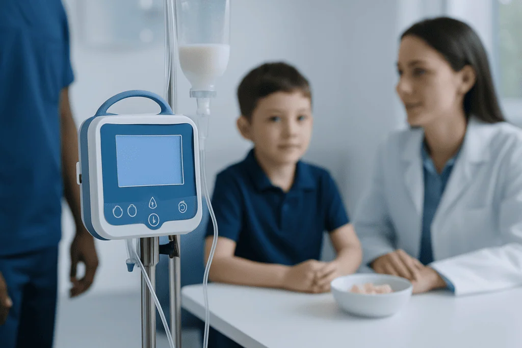 Child receiving feeding therapy at Acibadem Hospital with medical staff.