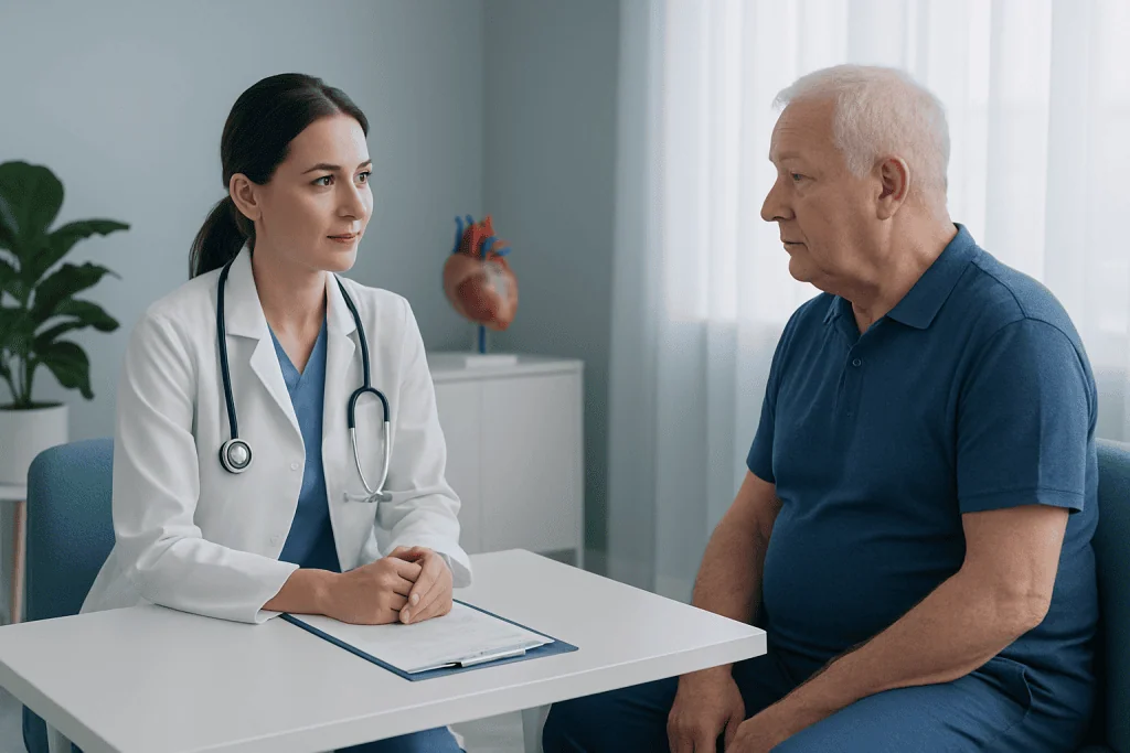 Doctor consulting with an elderly male patient in a medical office.
