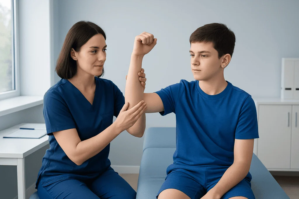 Pediatric physical therapy session for Erb Palsy with a healthcare professional and young patient.