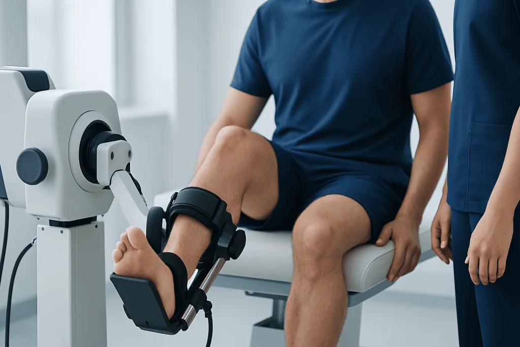 Patient undergoing ankle rehabilitation with a robotic device at Acibadem Hospital.
