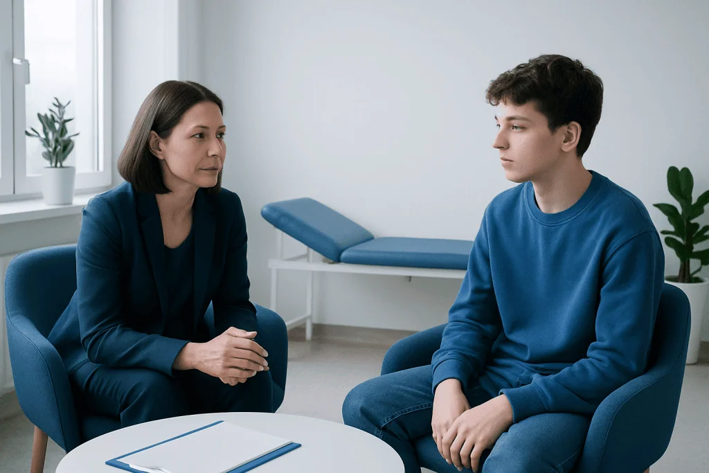 Teenager in therapy session with counselor in a clinical setting.