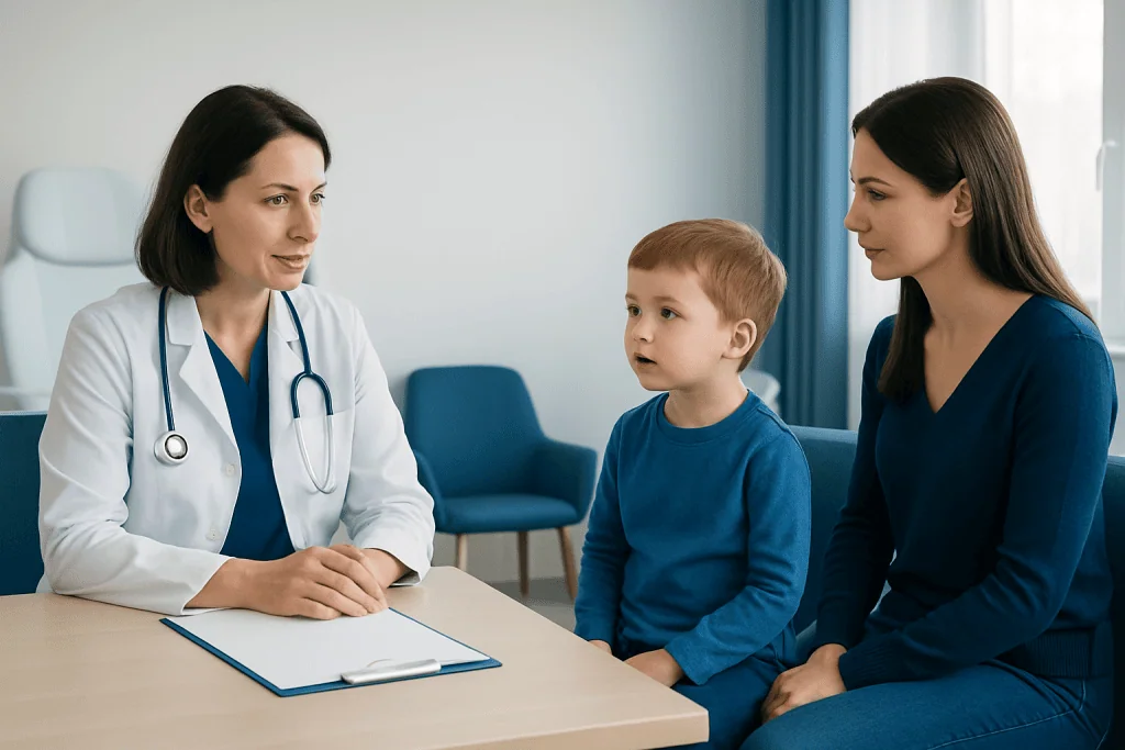 Pediatric consultation with a doctor, mother, and child in a clinic setting.