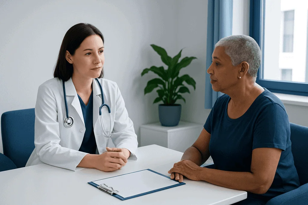 Doctor consulting with a patient in a modern hospital room.