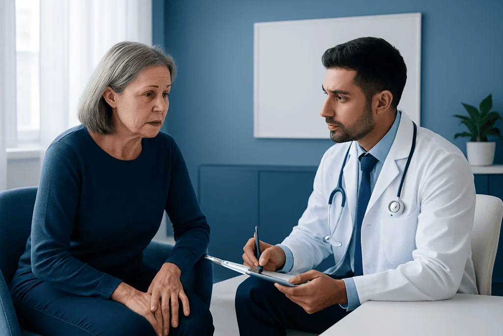 Doctor consulting with an elderly woman in a medical office.
