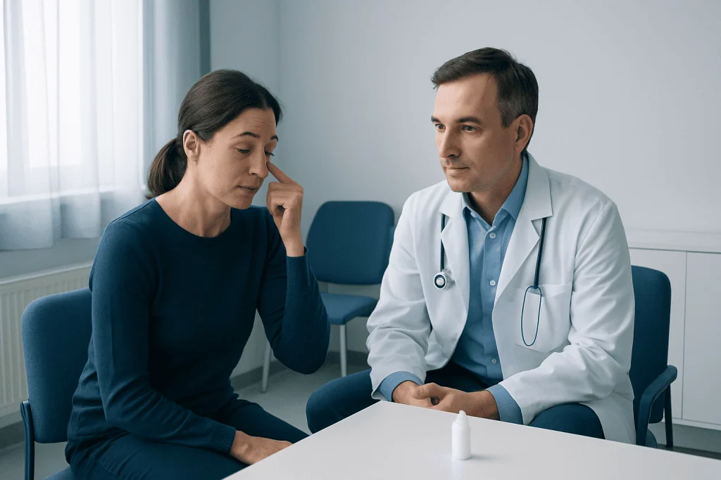 Doctor explaining dry eye treatment options to a patient in a clinic.