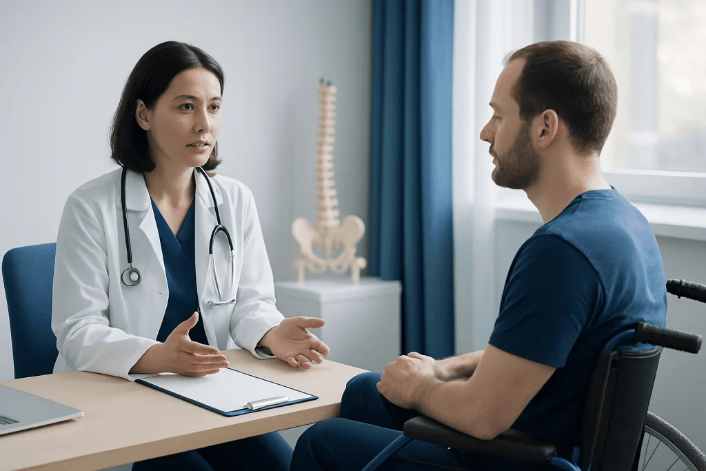 Doctor consulting with a patient in a medical office about spinal injury rehabilitation.