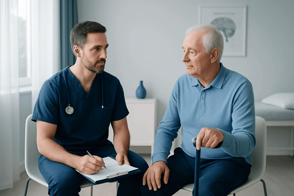 Doctor consulting with elderly patient in a hospital room.