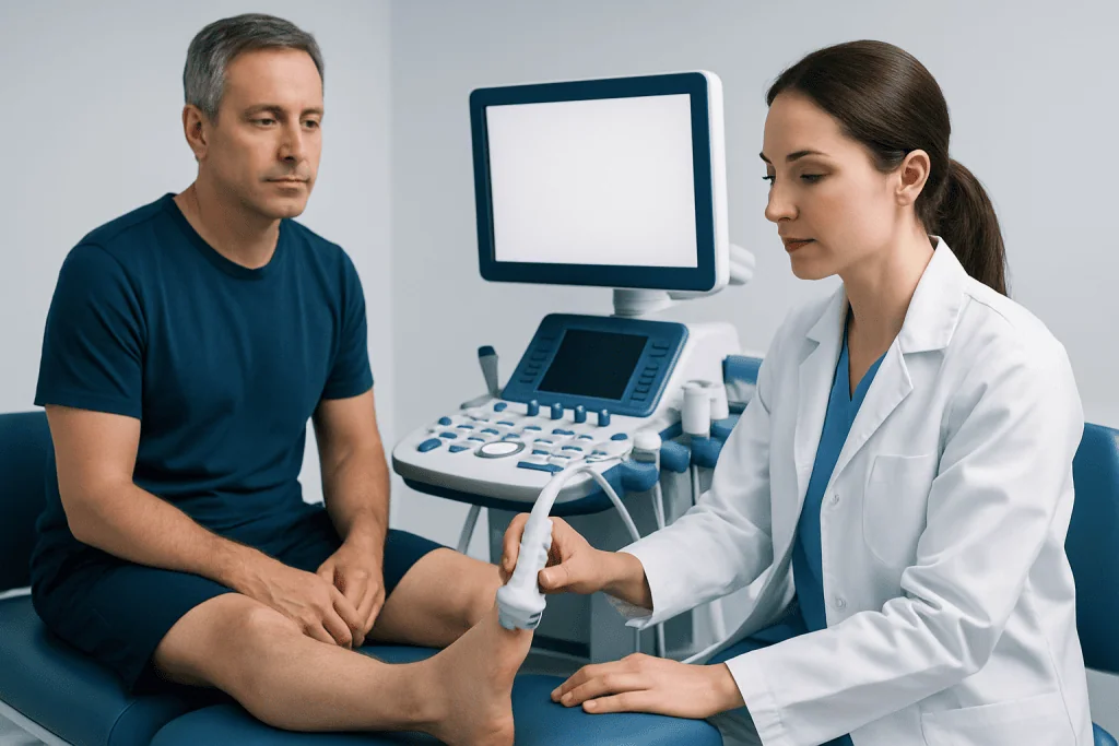 Doctor performing ultrasound examination on patient's foot in clinic.