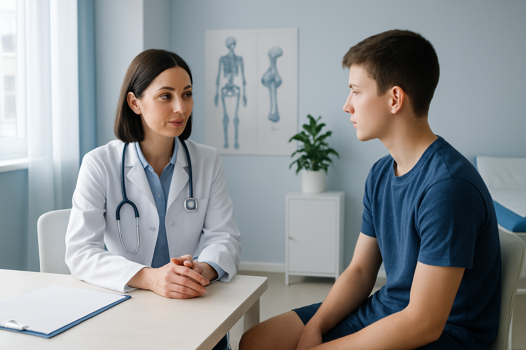 Doctor consulting with a young male patient in a medical office.
