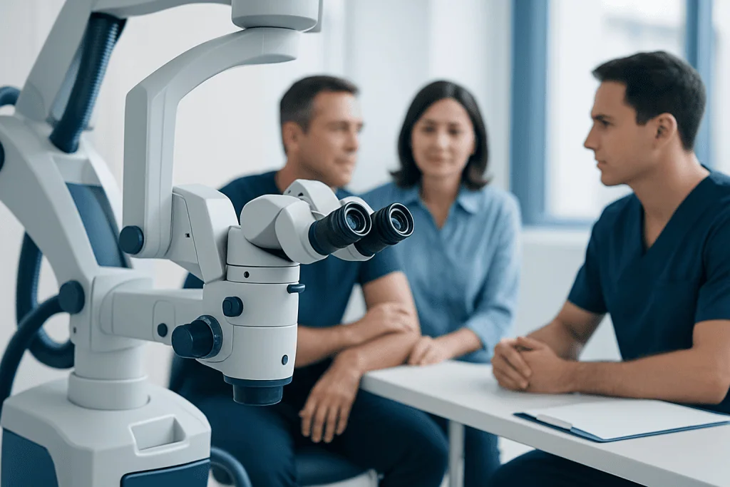 Medical team discussing with patient in a modern hospital room with advanced equipment.