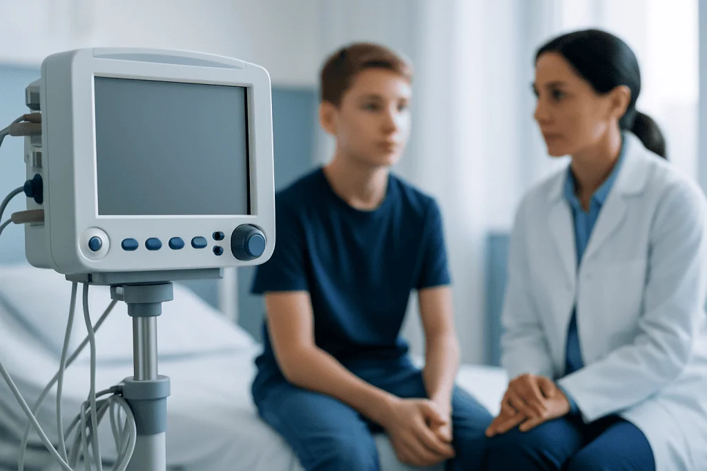Doctor consulting a teenage patient in a hospital room with medical equipment.
