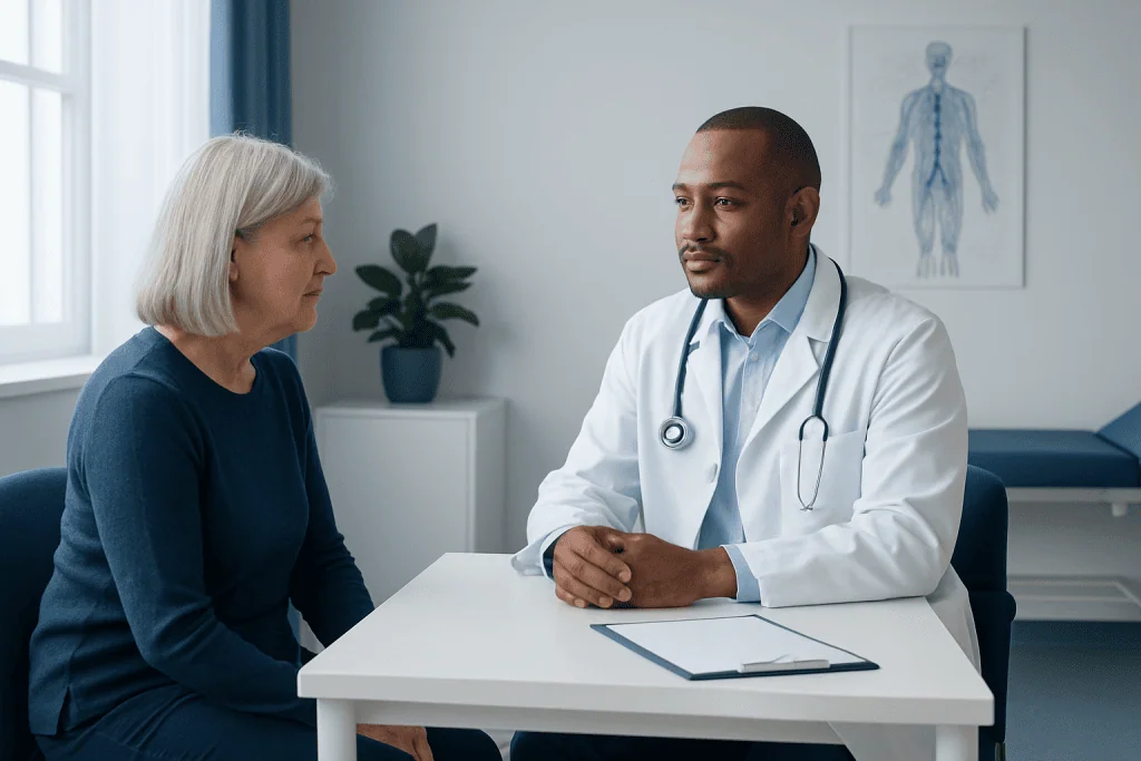 Doctor consulting with an elderly female patient in a medical office.