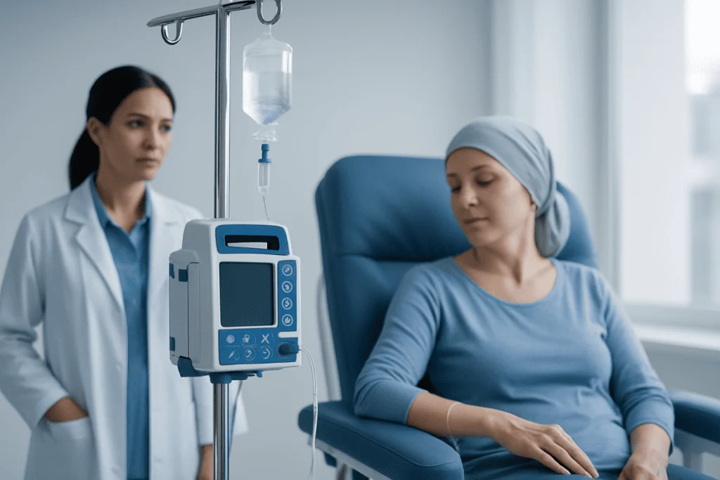 Patient receiving chemotherapy treatment in a hospital setting.
