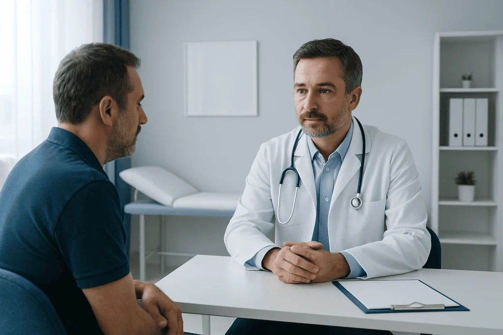 Doctor consulting with patient in a modern medical office.