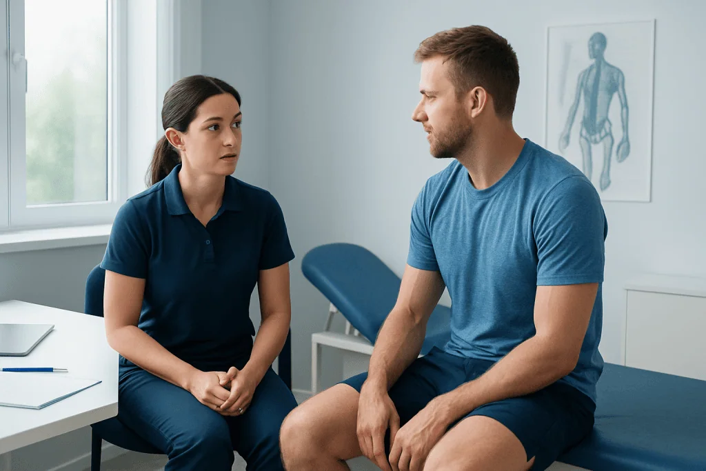 Patient consulting with a healthcare professional in a medical office.