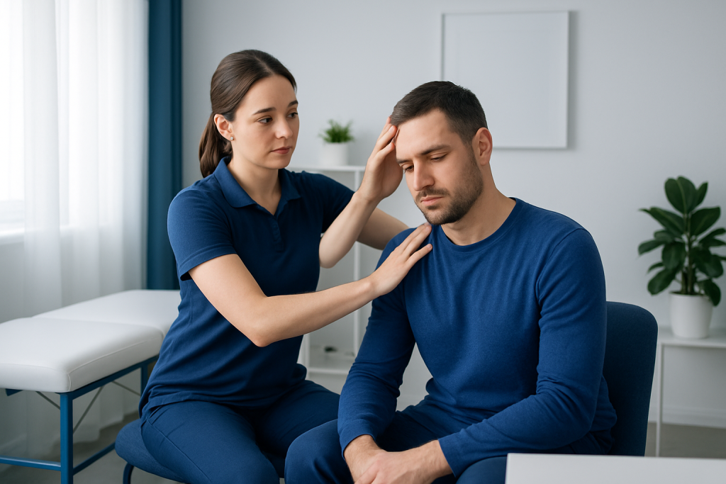 Physical therapist examining a patient's head and neck for headache relief.