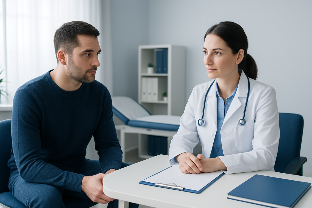Doctor consulting male patient in a medical office setting.