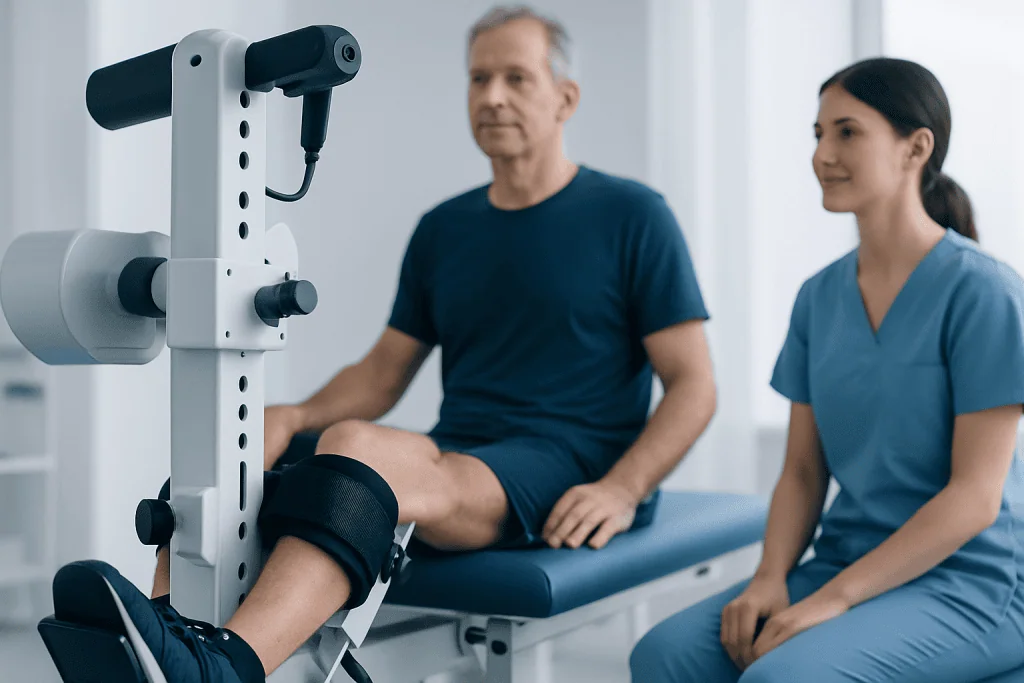 Physical therapy session with a patient using a leg exercise machine at Acibadem Hospitals.