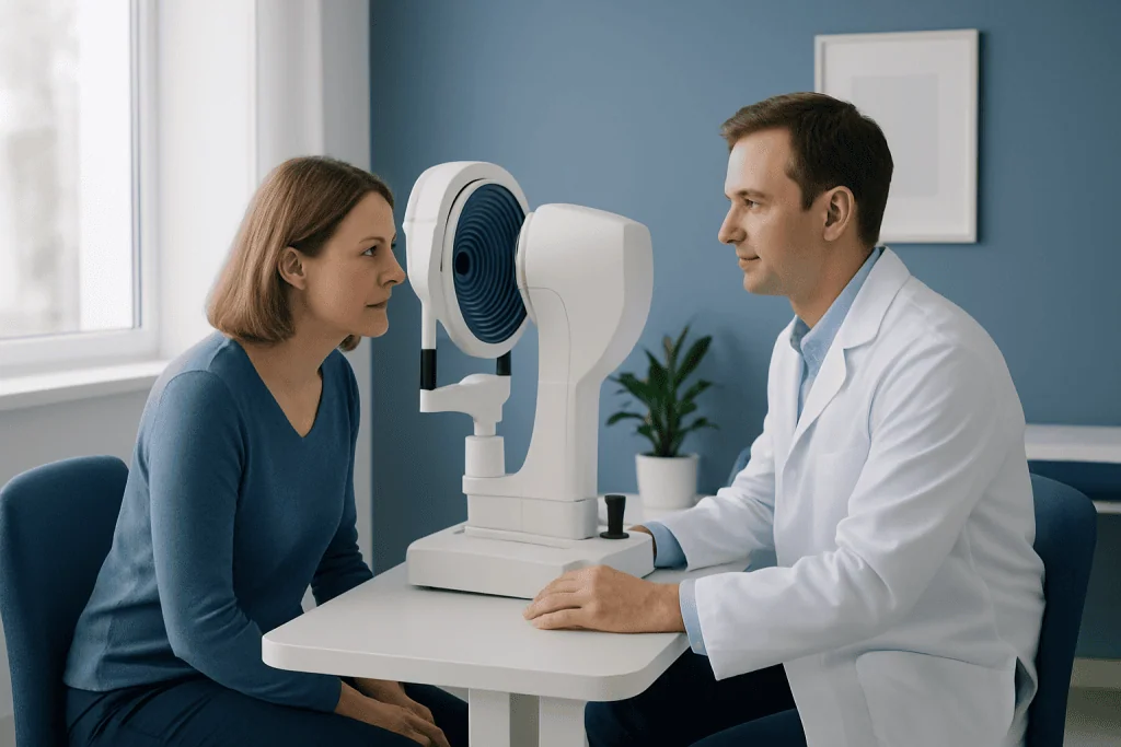 Optometrist performs corneal topography test on patient in clinic.